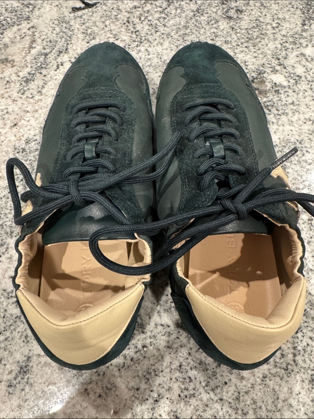 Tory Burch Dark Green Suede & Leather Sneakers with Tan Accents - Picture 5 of 6